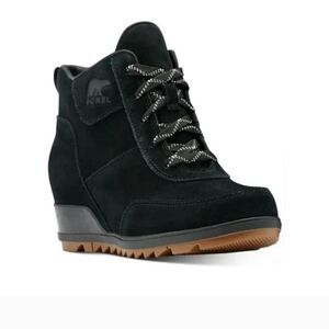 Women's Sorel Evie Sport Lace Black Suede Wedge Heel Bootie Size 7.5